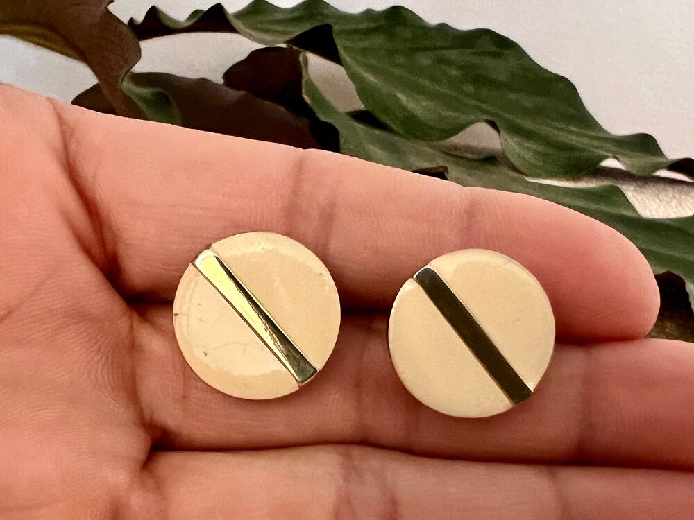 Vintage Gold & Beige Enamel Stud Earrings, Circle 90s Jewelry, Retro 80s